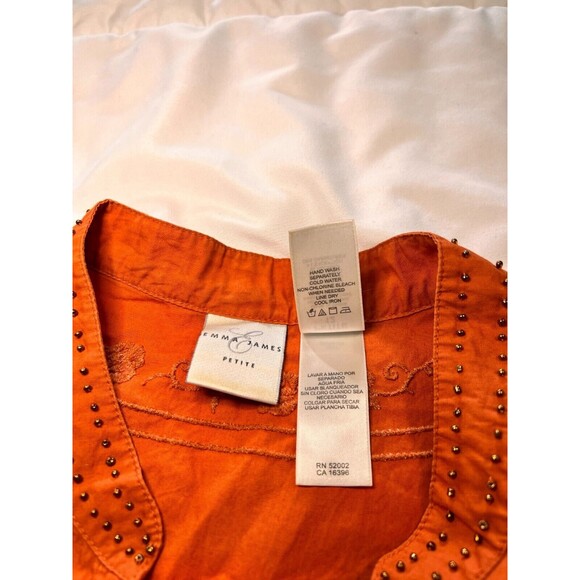 Emma James Womens Blouse Top Orange Beaded Floral Embroidered Size 12P Cotton - Picture 7 of 9